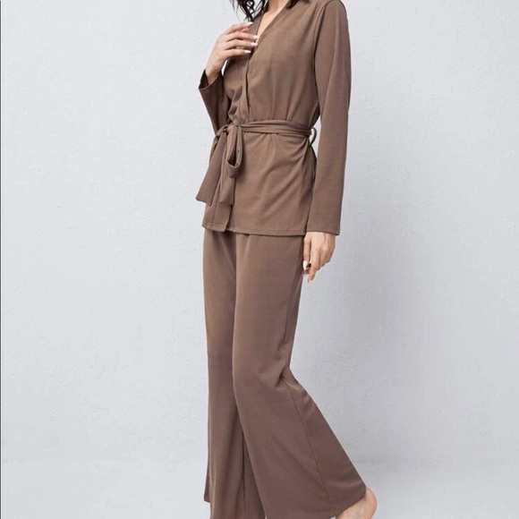 SOLD Mocha Brown Ribbed Wrap Belted Robe Top Flare Pajama Lounge Pants Set M - Picture 6 of 8